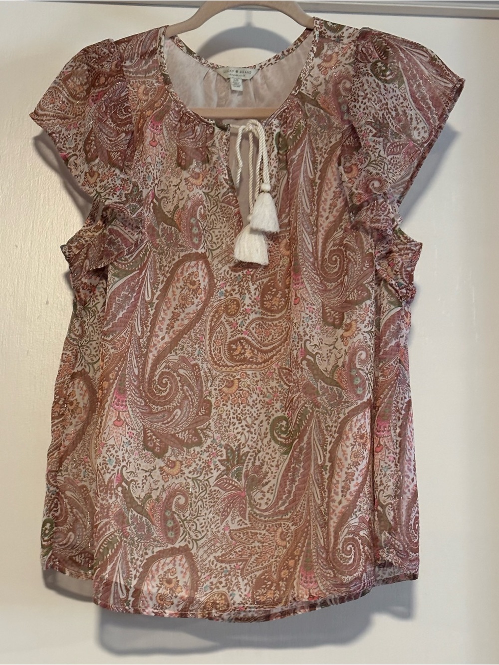 Lucky Brand Pink Paisley Tassel Tie-Neck Blouse